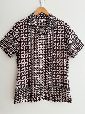 REISS Prentice Shirt Short Sleeve Cuban Collar Geometric Print Lightweight